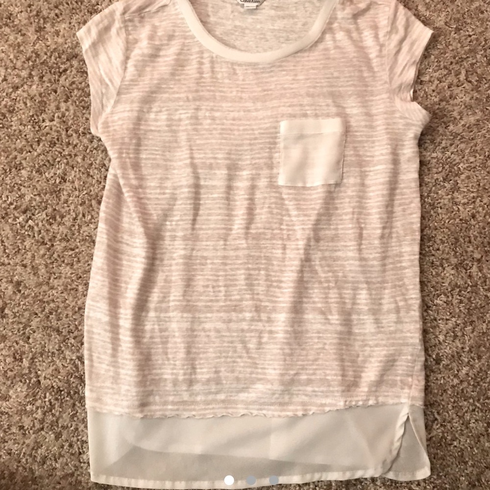 Calvin Klein white/cream t-shirt with sheer detailing at the bottom